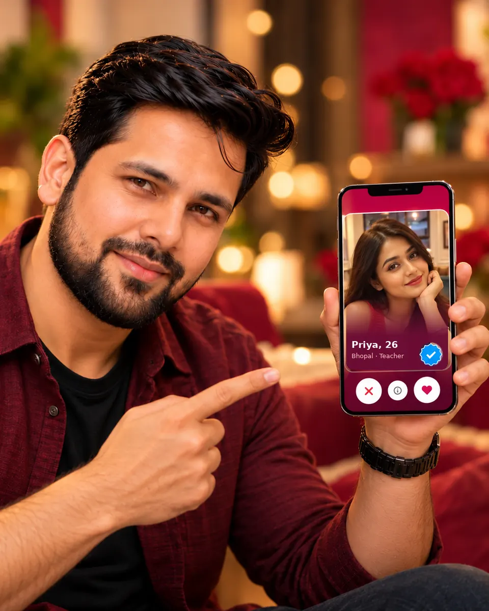 Sangam Rishta presenter pointing at an approved, verified profile on his phone